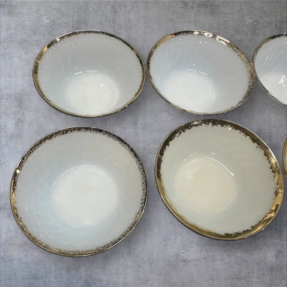 Six Fire King‎ White Milk Glass Swirl Dessert Bowls Gold Trim Made In USA